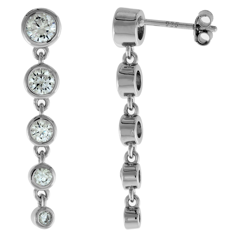 1.25 inch Long Sterling Silver Graduated Bezel set CZ Drop Earrings for Women 3-5mm Round Rhodium Finish