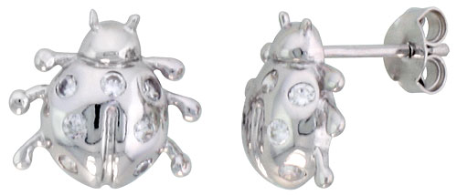 STERLING SILVER JEWELED LADYBUG POST EARRINGS, W/ CUBIC ZIRCONIA STONES, 7/16" (11 MM)