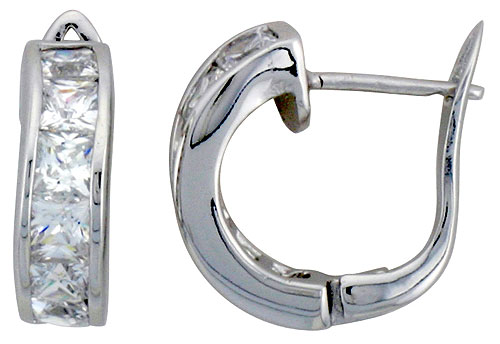 STERLING SILVER SMALL HOOP EARRINGS CHANNEL SET SQUARE CZ, 5/8 IN. 16 MM