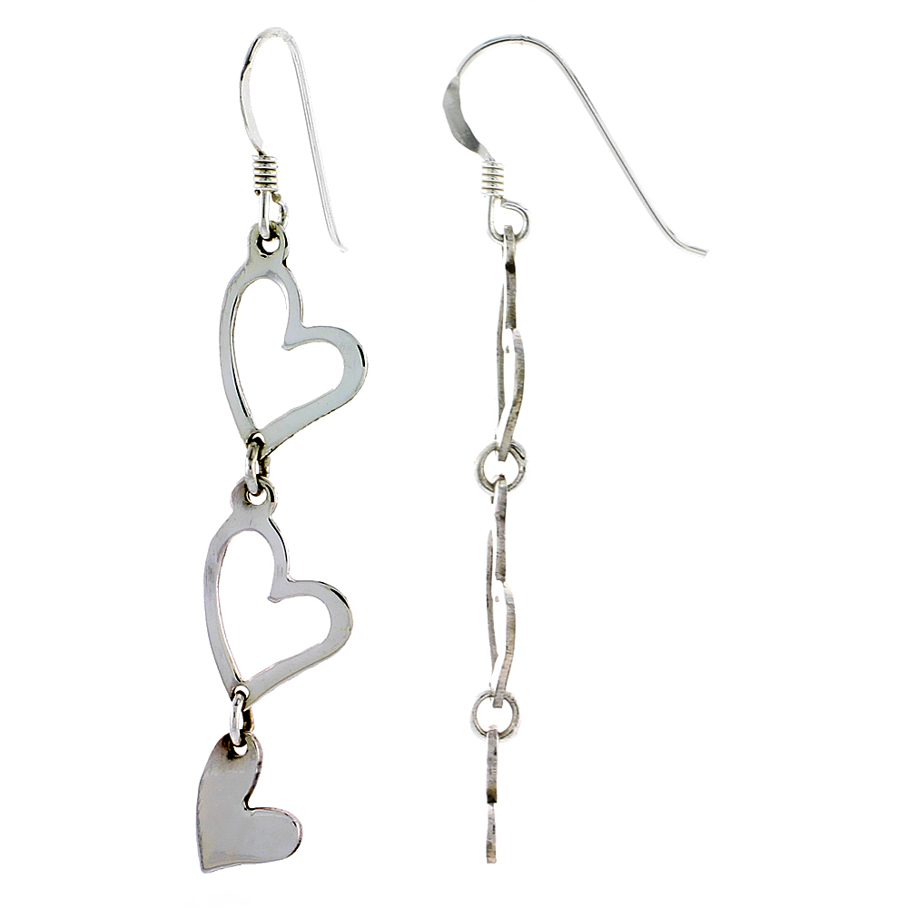 Sterling Silver Graduated Hearts French Ear Wire Dangle Earrings 2 1/4 inch (57 mm) tall