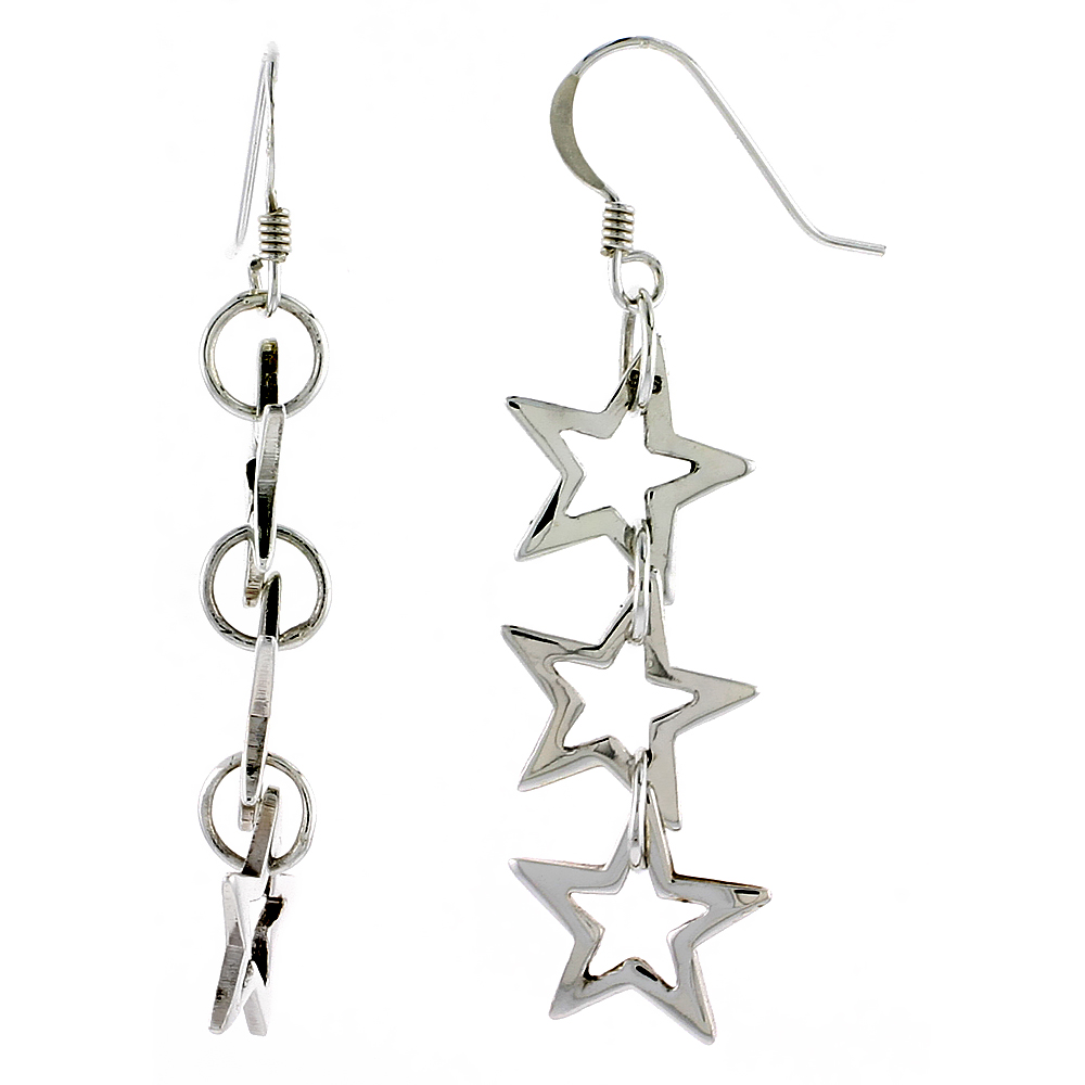 Sterling Silver Triple Star Cut Outs French Ear Wire Dangle Earrings 2 inch (50 mm) tall