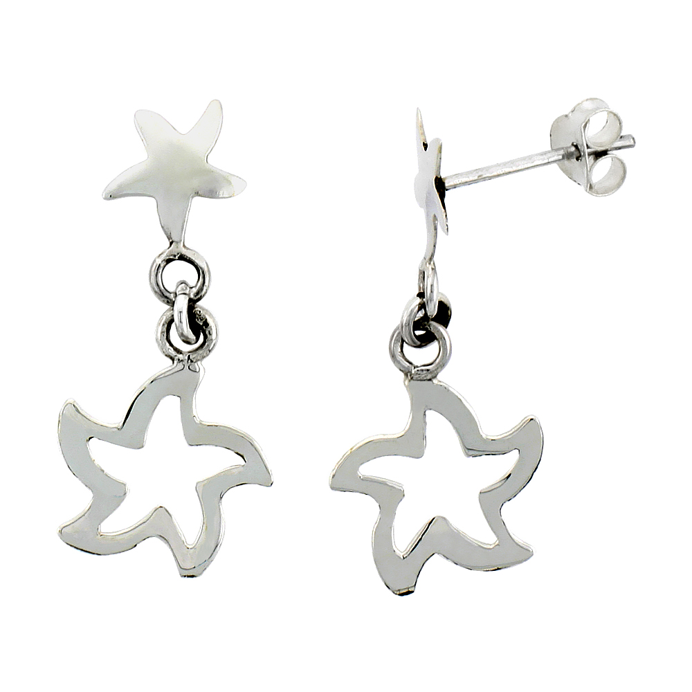 Sterling Silver Starfish Cut Out Dangle Earrings 1 1/8 inch (28 mm) tall