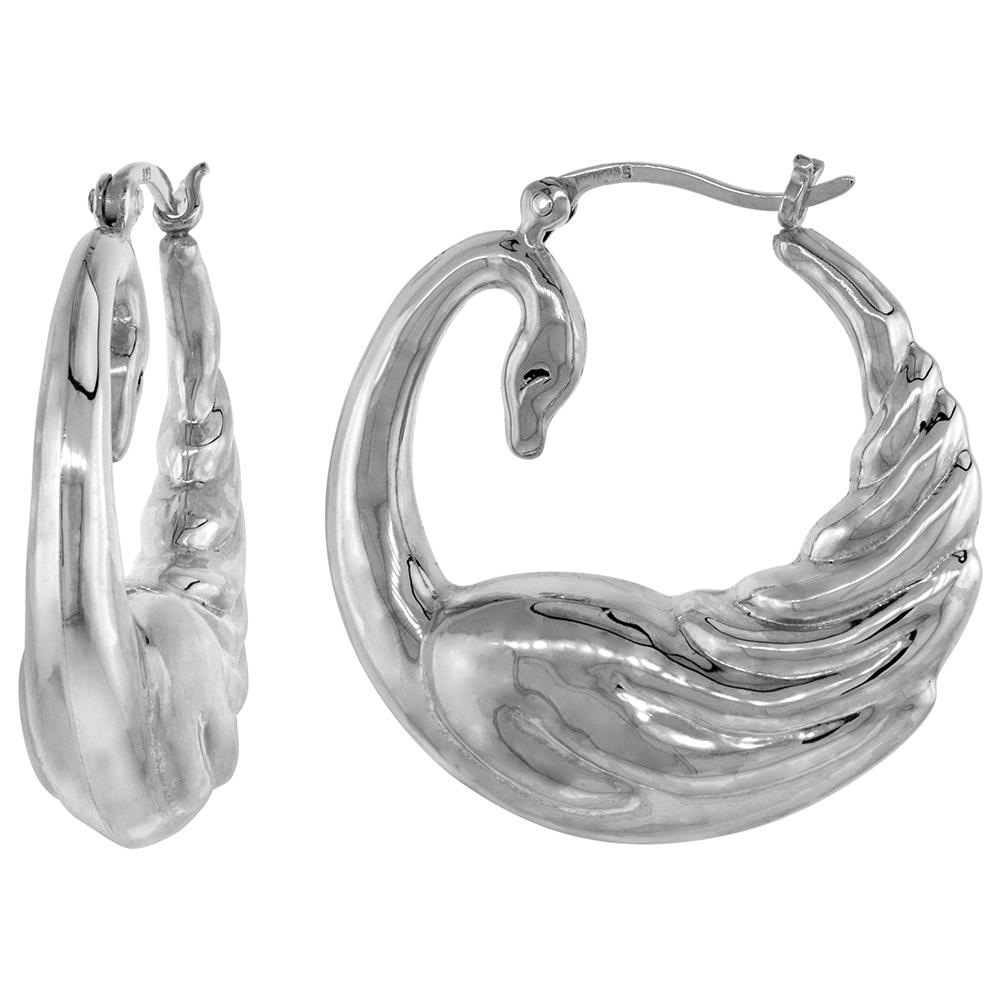 STERLING SILVER LARGE SWAN HOOP EARRINGS FOR WOMEN CLICK TOP HIGH POLISHED 1 1/8 INCH