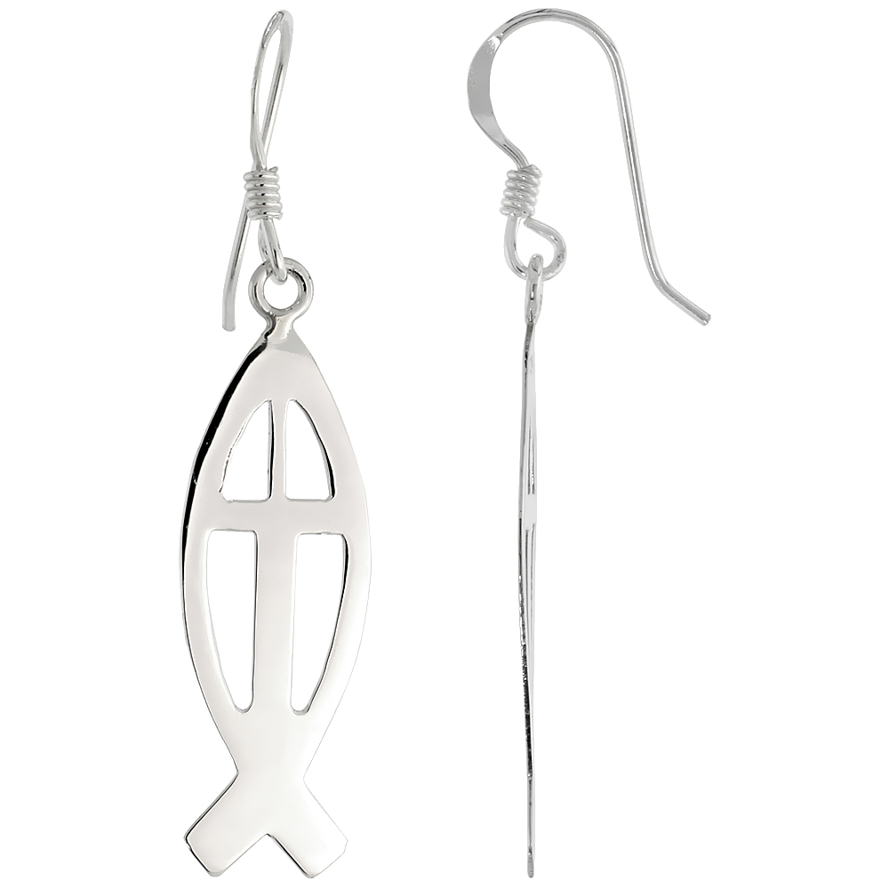 STERLING SILVER CHRISTIAN FISH CUT OUT DANGLE EARRINGS, 1 1/4" (31 MM) TALL