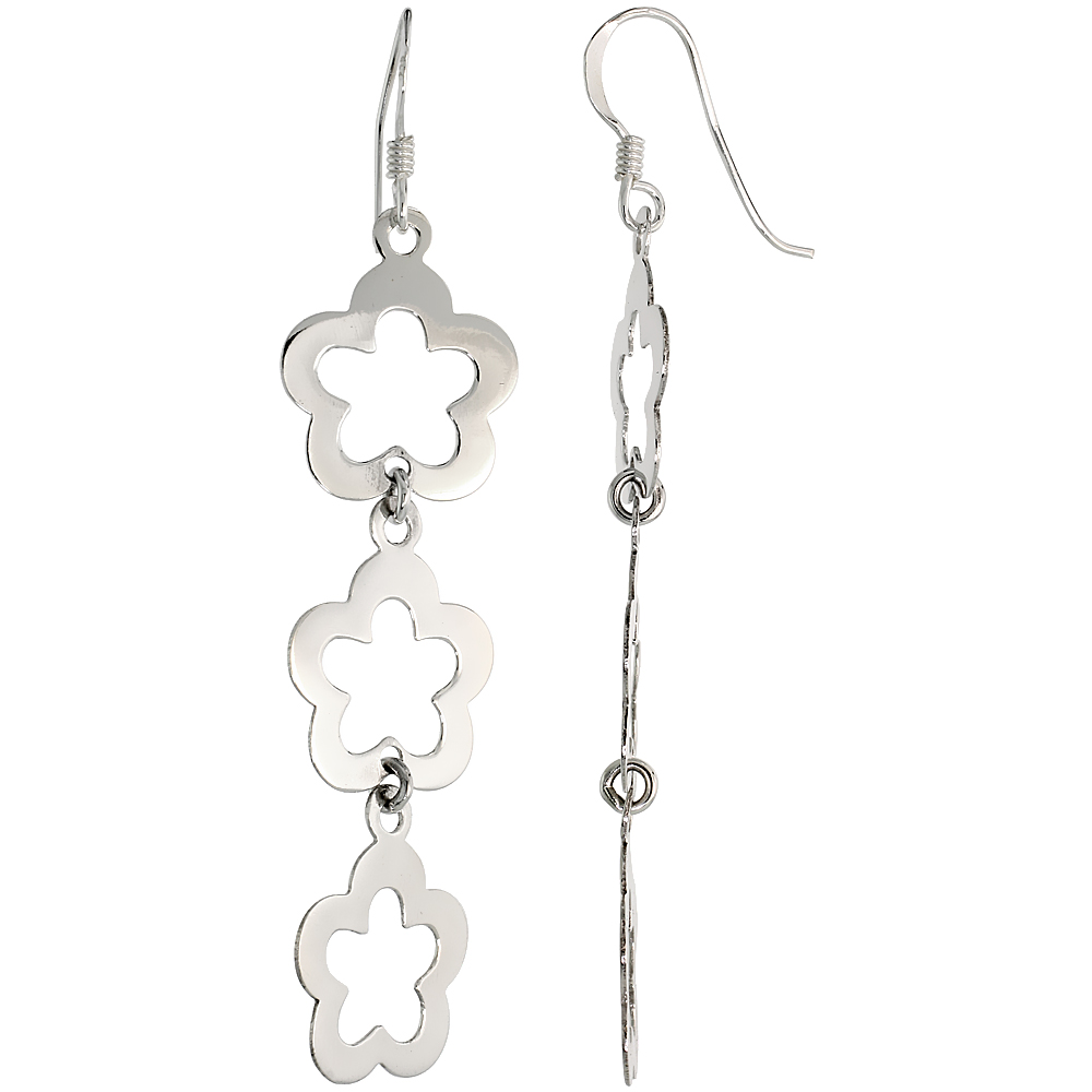Sterling Silver Triple Flower Cut Out Dangle Earrings 2 inch (51 mm) tall