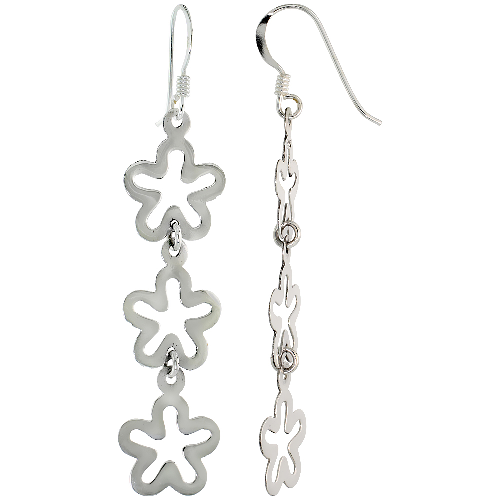 Sterling Silver Triple Flower Drop Dangle Earrings 1 3/4 inch (45 mm) tall