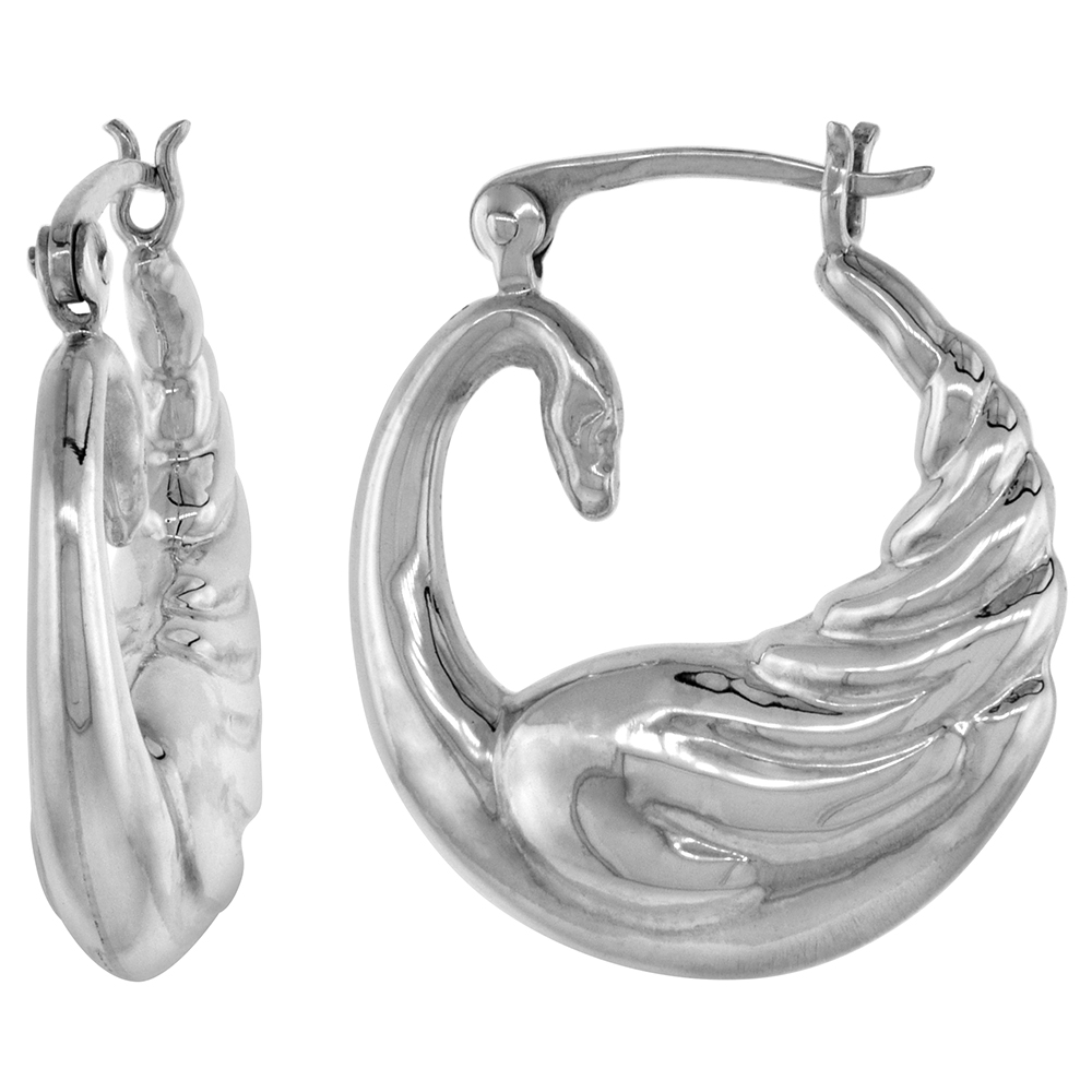 STERLING SILVER SMALL SWAN HOOP EARRINGS FOR WOMEN CLICK TOP HIGH POLISHED 7/8 INCH