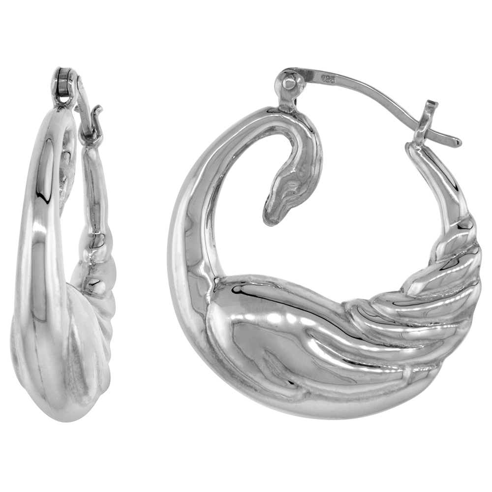 STERLING SILVER MEDIUM SWAN HOOP EARRINGS FOR WOMEN CLICK TOP HIGH POLISHED 1 INCH