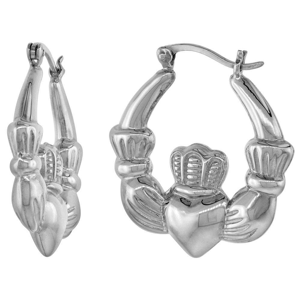 STERLING SILVER MEDIUM CLADDAGH HOOP EARRINGS FOR WOMEN CLICK TOP HIGH POLISHED 1 1/8 INCH