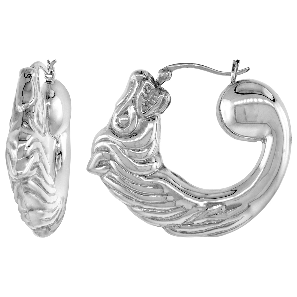 STERLING SILVER LARGE HORSE HEAD HOOP EARRINGS FOR WOMEN CLICK TOP HIGH POLISHED 1 1/4 INCH
