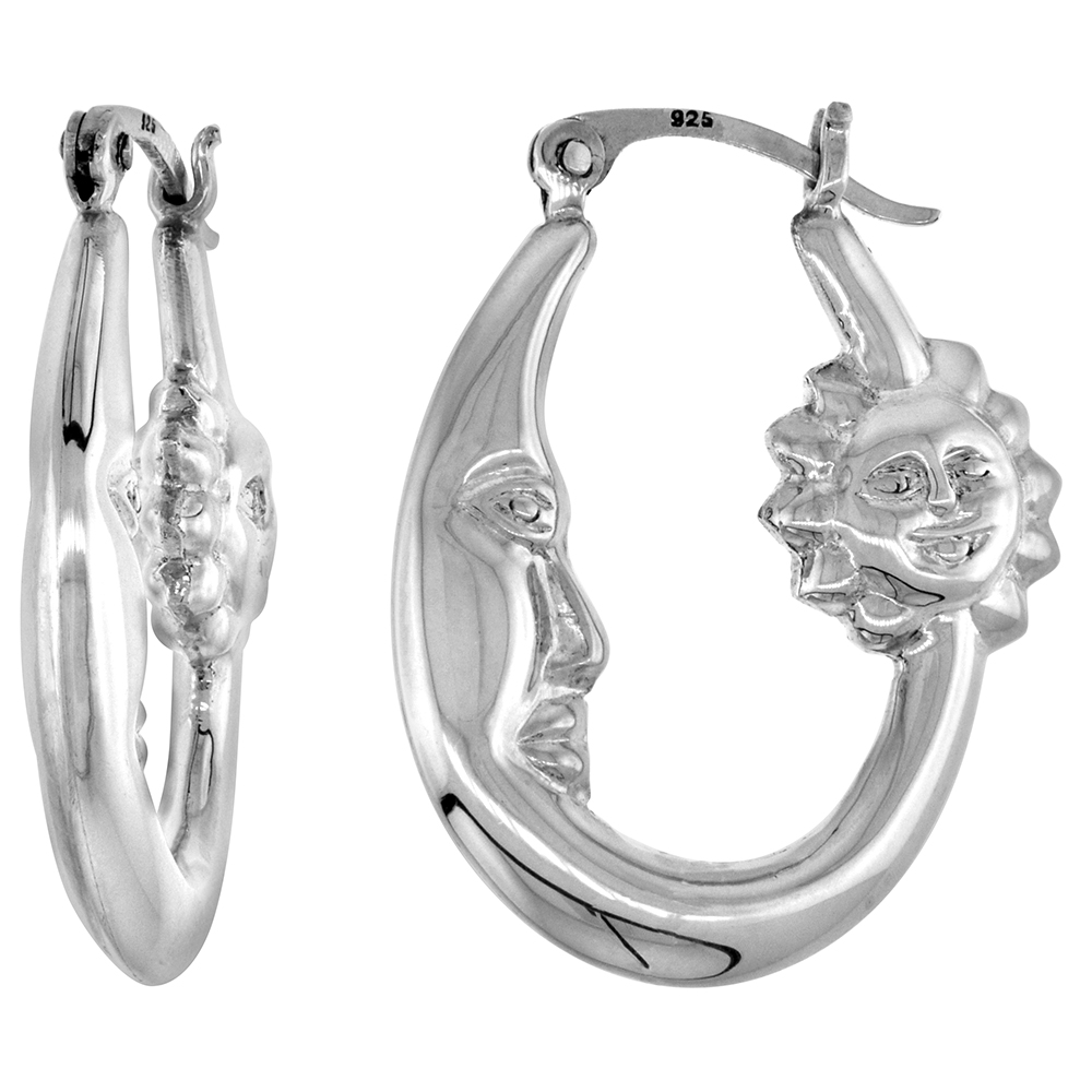 STERLING SILVER SMALL MAN IN THE MOON HOOP EARRINGS FOR WOMEN WITH SUN CLICK TOP HIGH POLISHED 1 1/8 INCH