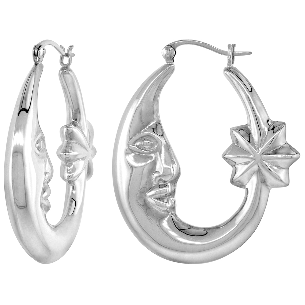 STERLING SILVER LARGE MAN IN THE MOON HOOP EARRINGS FOR WOMEN WITH STARS CLICK TOP HIGH POLISHED 1 3/8 INCH