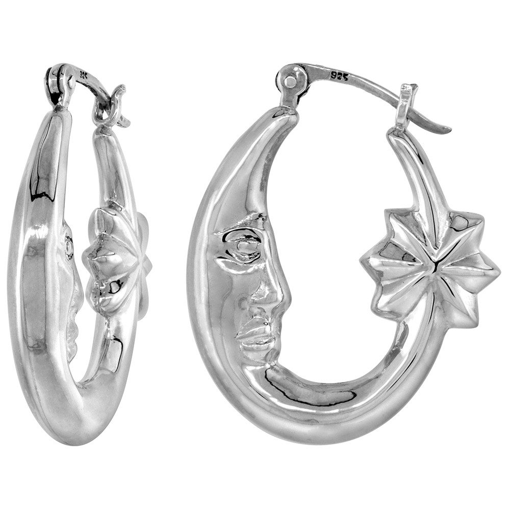 STERLING SILVER SMALL MAN IN THE MOON HOOP EARRINGS FOR WOMEN WITH STARS CLICK TOP HIGH POLISHED 1 1/8 INCH