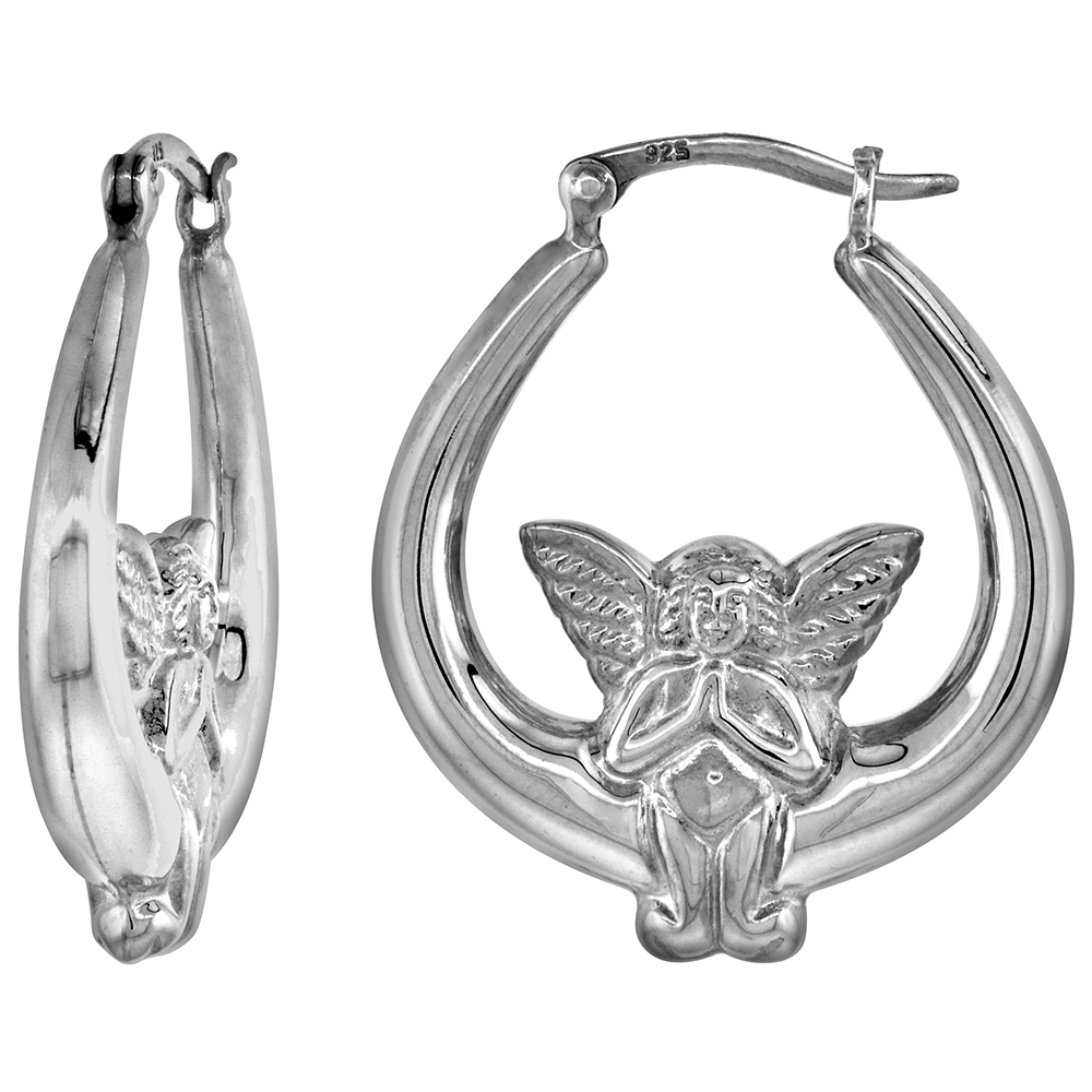 STERLING SILVER LARGE PRAYING ANGEL HOOP EARRINGS FOR WOMEN CLICK TOP HIGH POLISHED 1 1/8 INCH
