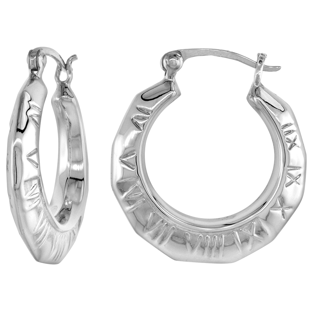 STERLING SILVER SMALL ROMAN NUMERALS HOOP EARRINGS FOR WOMEN CLICK TOP HIGH POLISHED 7/8 INCH