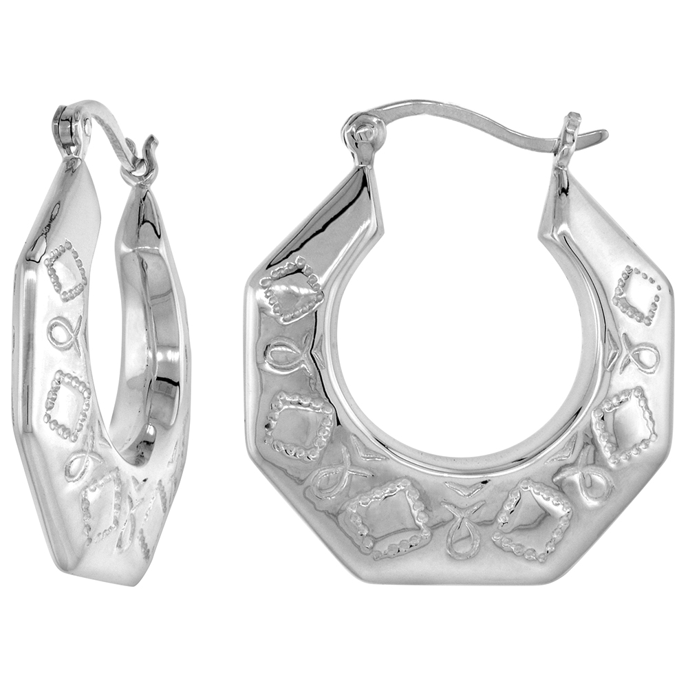 STERLING SILVER LARGE SQUARES & CHRISTIAN FISH HOOP EARRINGS FOR WOMEN CLICK TOP HIGH POLISHED 1 INCH