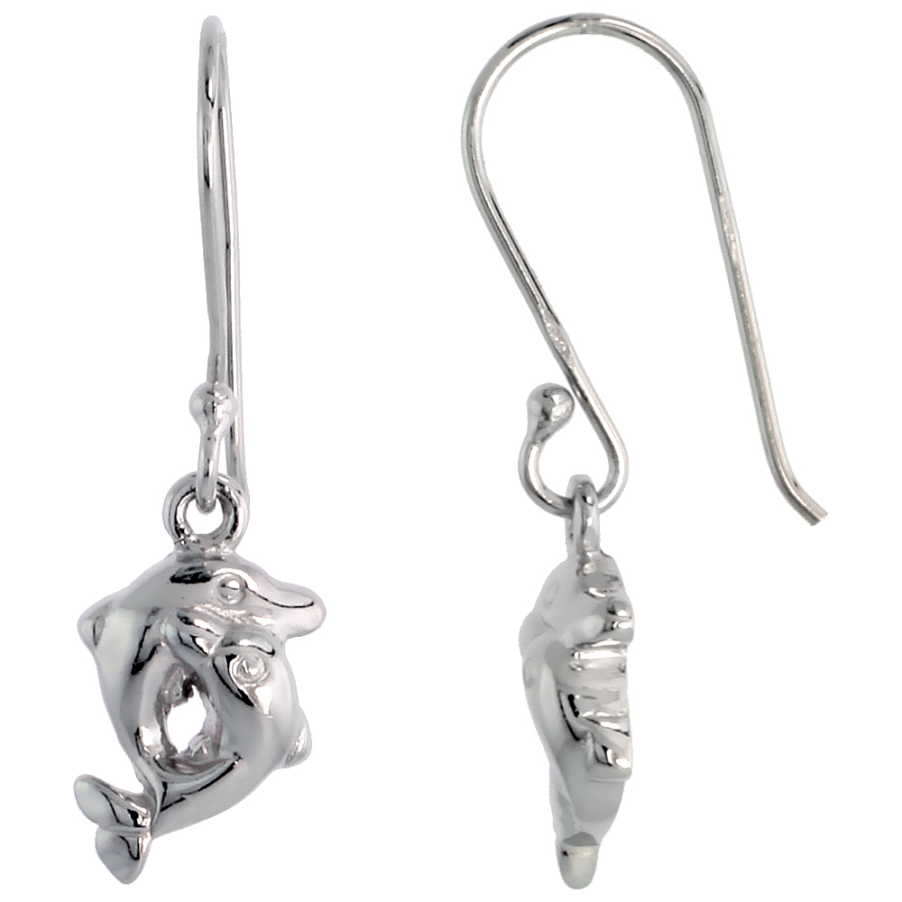 STERLING SILVER JEWELED KISSING DOLPHINS POST EARRINGS, W/ CUBIC ZIRCONIA STONES, 7/16" (12 MM)