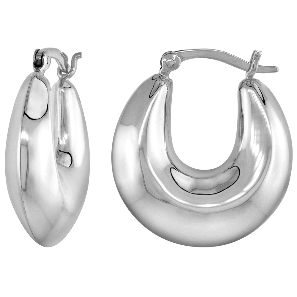 STERLING SILVER ROUND PUFFY HOOP EARRINGS FOR WOMEN CLICK TOP HIGH POLISHED 1 INCH