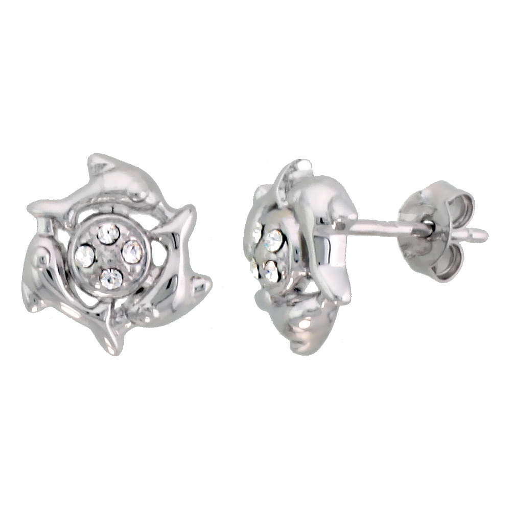 STERLING SILVER JEWELED DOLPHIN POST EARRINGS, W/ CUBIC ZIRCONIA STONES, 7/16" (11 MM)