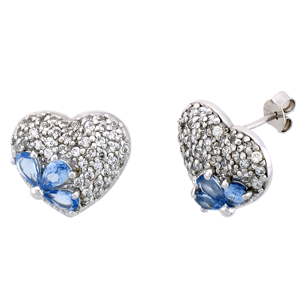 STERLING SILVER HEART STUD EARRINGS W/ BRILLIANT CUT CLEAR & PEAR CUT BLUE TOPAZ-COLORED CZ STONES, 9/16" (15 MM) TALL