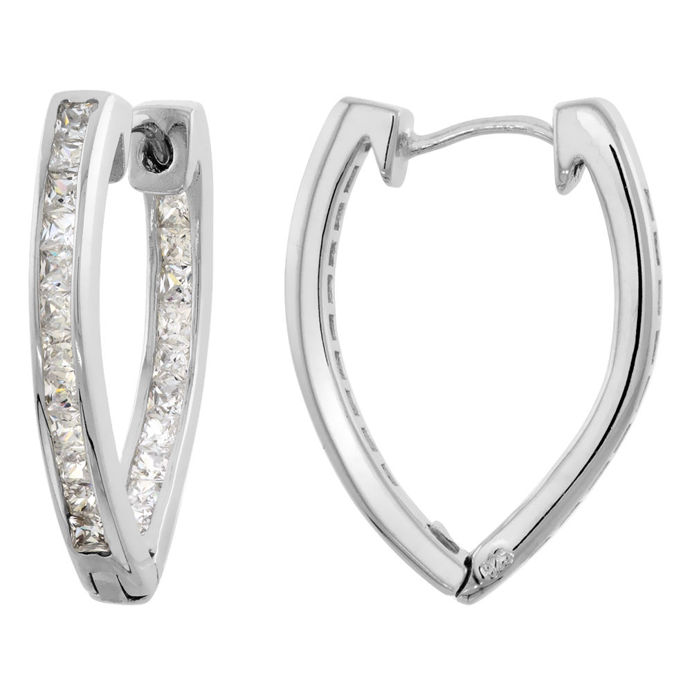 STERLING SILVER HOOP EARRINGS CHANNEL SET CZ, 1 IN. 26 MM LONG