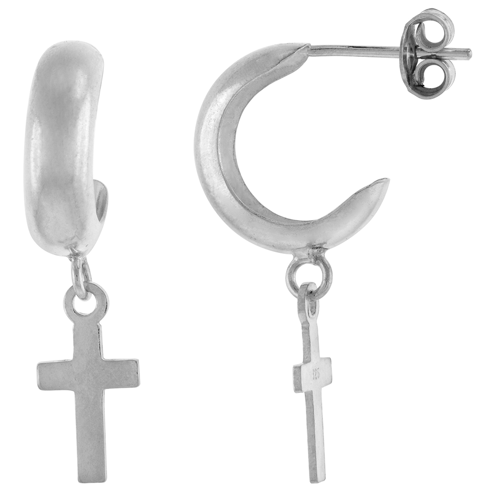 DAINTY STERLING SILVER POST HOOP DANGLING CROSS EARRINGS FOR WOMEN 1 1/8 INCH TALL