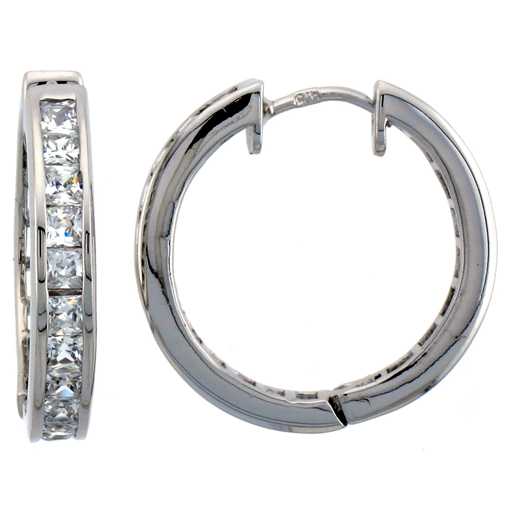STERLING SILVER HOOP EARRINGS CHANNEL SET SQUARE CZ, 1 IN. 25 MM