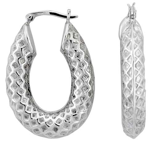 STERLING SILVER HAMMERED HOOP EARRINGS FOR WOMEN OVAL CLICK TOP HIGH POLISHED 1 1/2 INCH