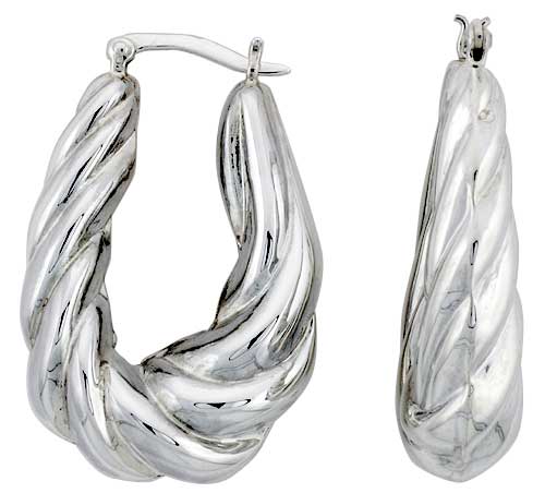 STERLING SILVER TWISTED SHRIMP HOOP EARRINGS FOR WOMEN CLICK TOP HIGH POLISHED 1 1/2 INCH