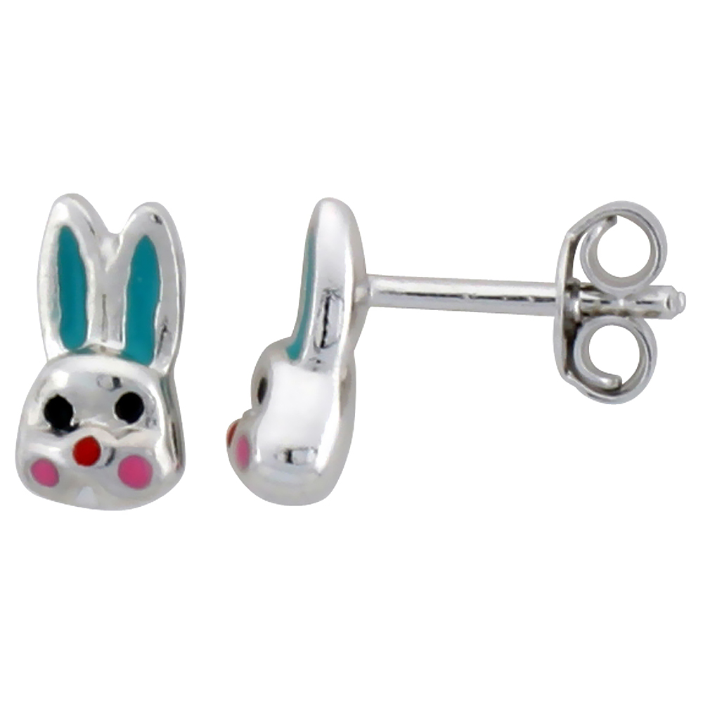 STERLING SILVER CHILD SIZE RABBIT HEAD EARRINGS, W/ AQUA GREEN & PINK ENAMEL DESIGN, 5/16" (9 MM) TALL