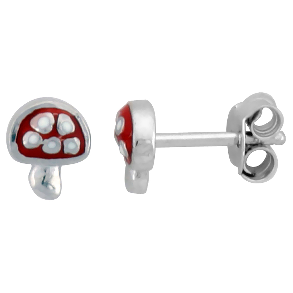 STERLING SILVER CHILD SIZE MUSHROOM EARRINGS, W/ RED ENAMEL DESIGN, 1/4" (6 MM) TALL