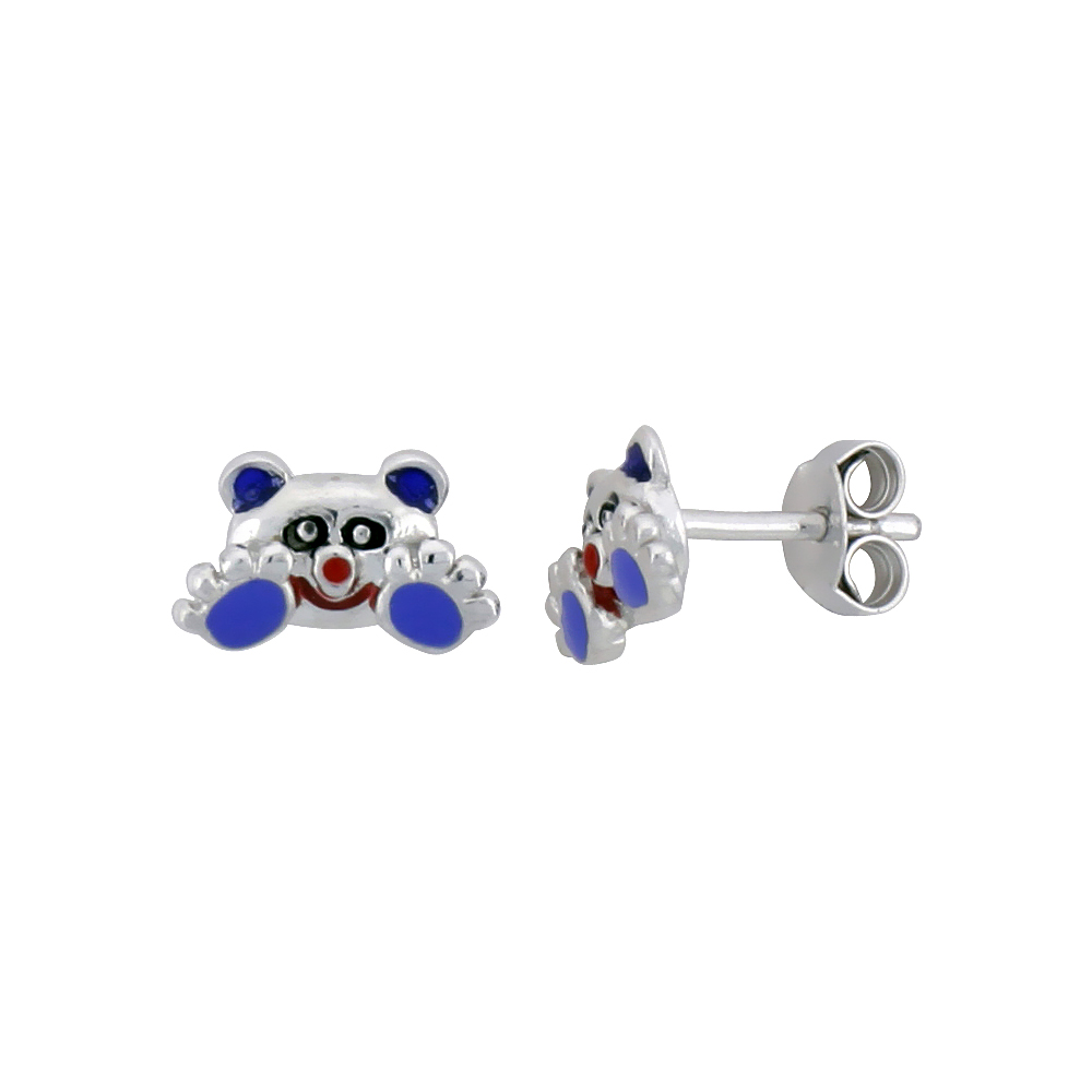 STERLING SILVER CHILD SIZE PANDA BEAR EARRINGS, W/ BLACK, LAVENDER & RED ENAMEL DESIGN, 1/4" (6 MM) TALL