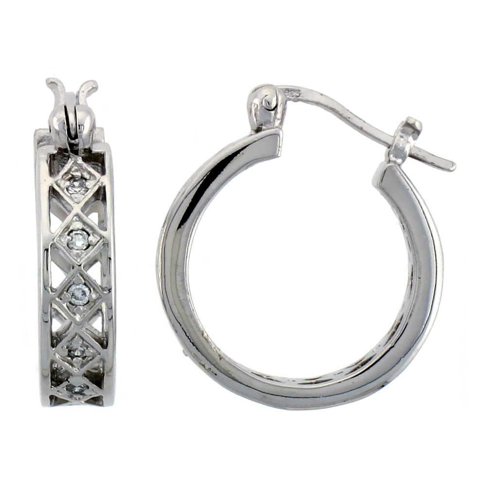 STERLING SILVER HOOP EARRINGS PAVE SET CZ, 3/4 IN. 20 MM