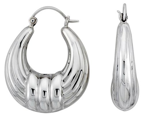 STERLING SILVER OVAL HOOP EARRINGS FOR WOMEN SCALLOPED CENTER CLICK TOP HIGH POLISHED 1 INCH