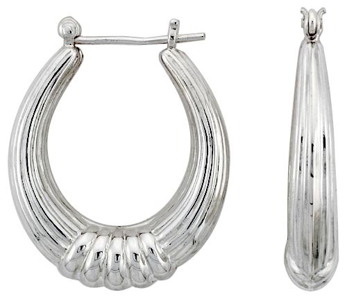STERLING SILVER OVAL HOOP EARRINGS FOR WOMEN SCALLOPED CENTER CLICK TOP HIGH POLISHED 1 1/4 INCH