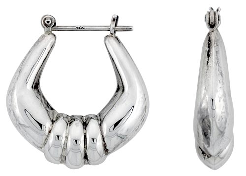 STERLING SILVER SQUARED HOOP EARRINGS FOR WOMEN SCALLOPED CENTER CLICK TOP HIGH POLISHED 1 INCH