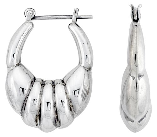 STERLING SILVER OVAL HOOP EARRINGS FOR WOMEN SCALLOPED CENTER CLICK TOP HIGH POLISHED 1 1/8 INCH