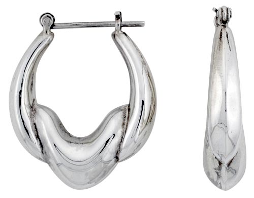 STERLING SILVER HOOP EARRINGS FOR WOMEN BOWED CENTER CLICK TOP HIGH POLISHED 1 1/8 INCH