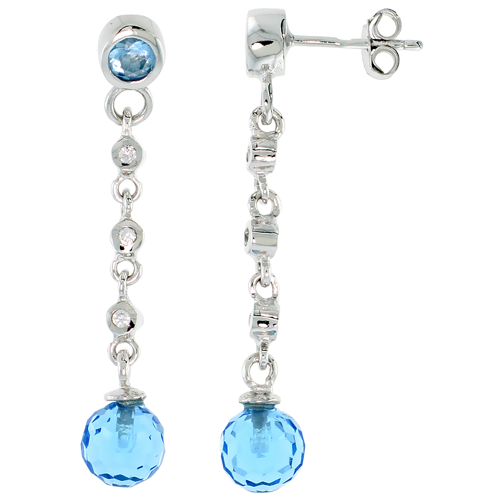 STERLING SILVER DANGLING POST EARRINGS, W/ BLUE CUBIC ZIRCONIA, 1 9/16 (39 MM)