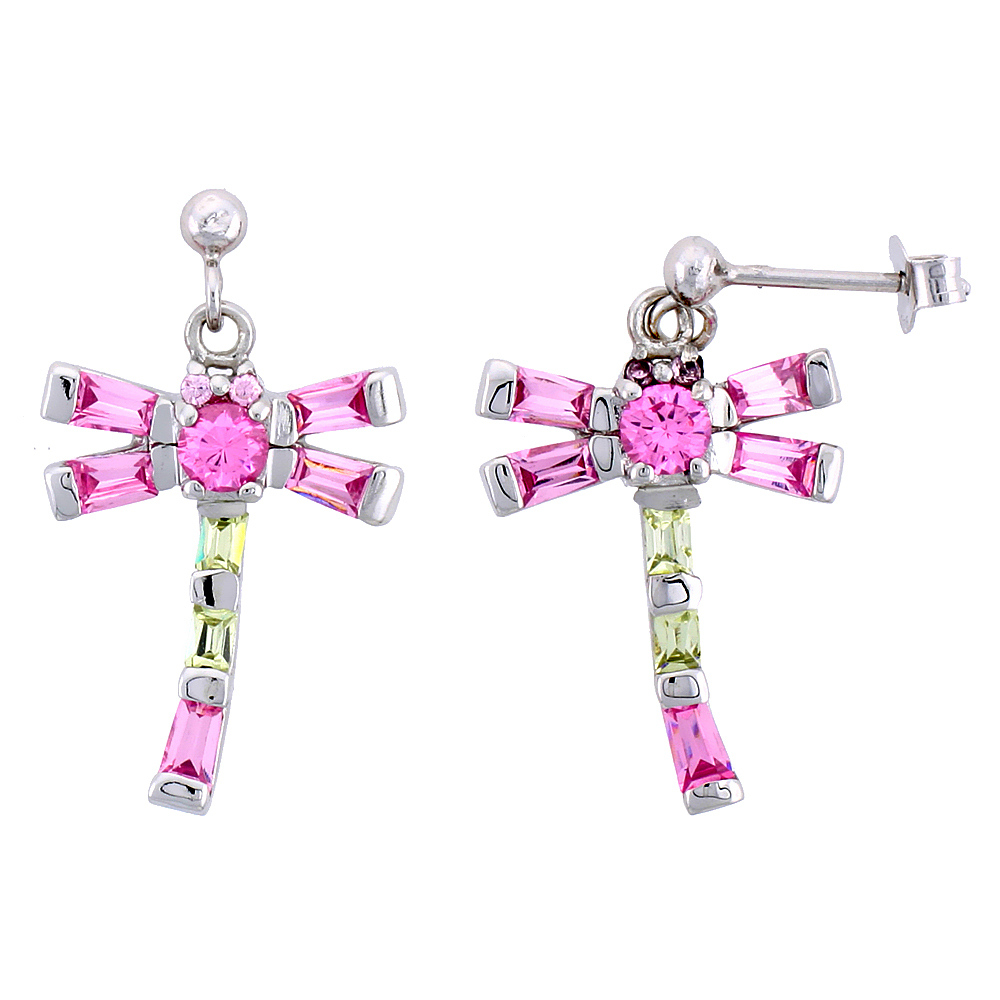 STERLING SILVER DRAGONFLY DANGLE EARRINGS W/ BAGUETTE YELLOW TOPAZ-COLORED, BAGUETTE & BRILLIANT CUT PINK TOURMALINE-COLORED CZ STONES, 1 3/16" (30 MM) TALL