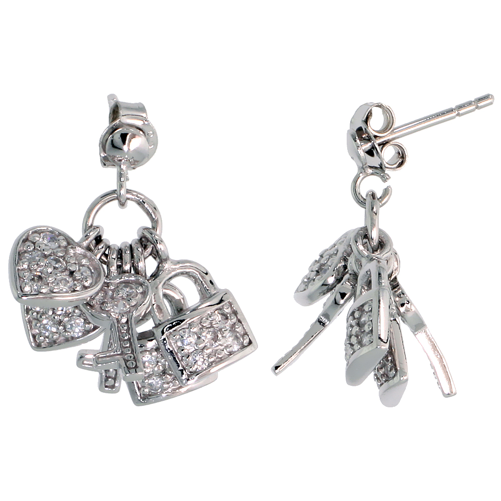 STERLING SILVER JEWELED POST EARRINGS, W/ HEART KEY PADLOCK & CUBIC ZIRCONIA, 7/8" (22 MM)