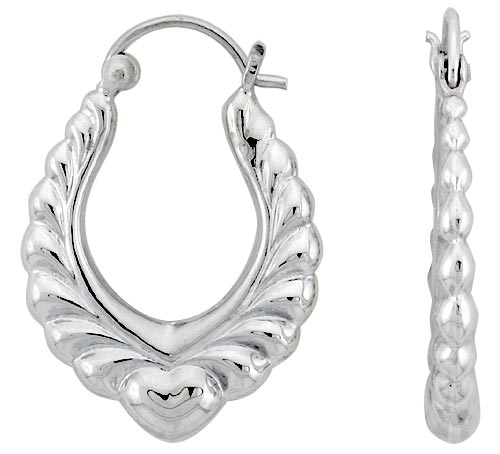 STERLING SILVER HEART HOOP EARRINGS FOR WOMEN SCALLOPED EDGE CLICK TOP HIGH POLISHED 1 INCH
