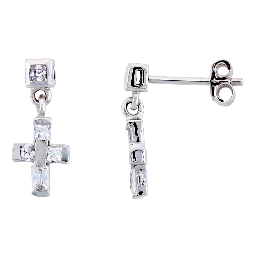 STERLING SILVER TINY CROSS DANGLE EARRINGS W/ BAGUETTE & BRILLIANT CUT CZ STONES, 5/8" (16 MM) TALL