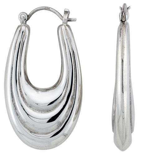 STERLING SILVER LONG OVAL HOOP EARRINGS FOR WOMEN CLICK TOP HIGH POLISHED 1 1/2 INCH