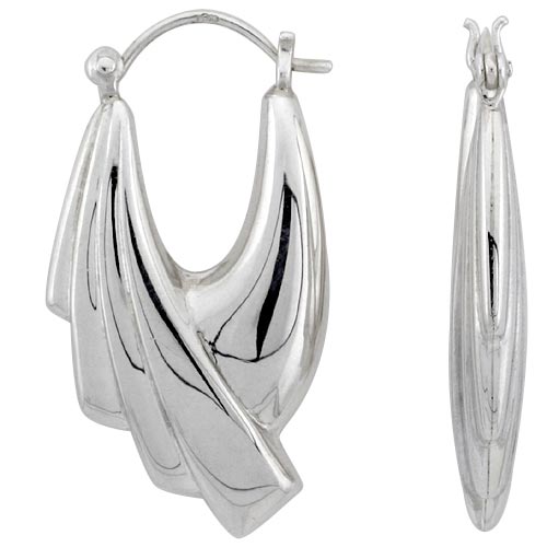 STERLING SILVER HALF SCALLOPED ART DECO HOOP EARRINGS FOR WOMEN SQUARED CLICK TOP HIGH POLISHED 1 1/4 INCH
