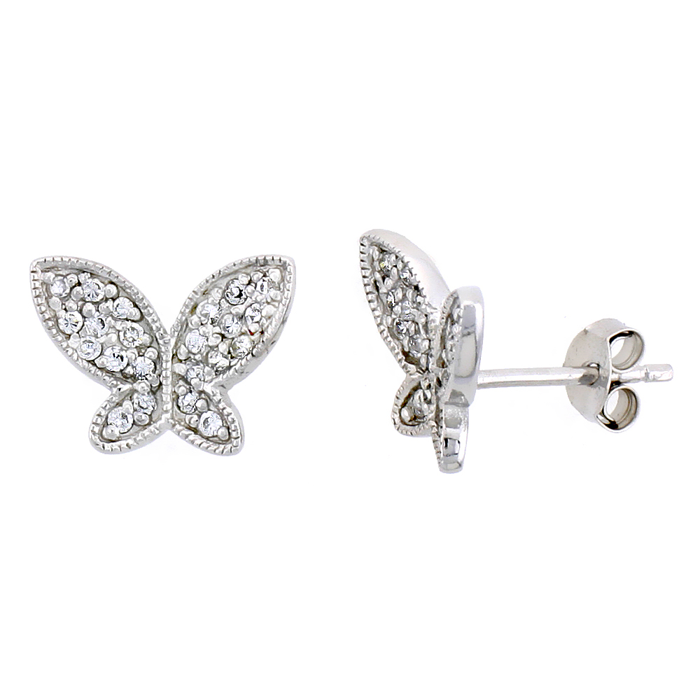 STERLING SILVER JEWELED BUTTERFLY POST EARRINGS W/ CUBIC ZIRCONIA STONES, 3/8" (10 MM)