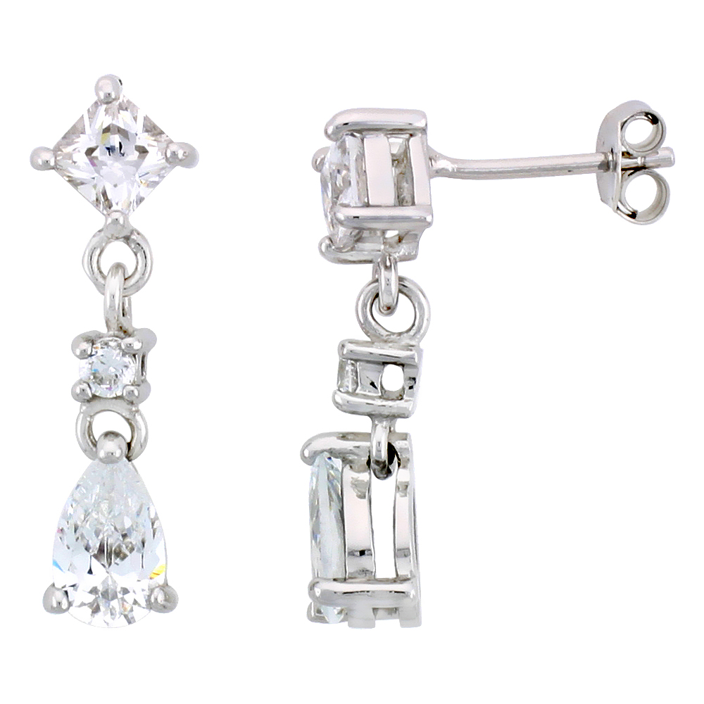 STERLING SILVER / CZ DANGLE POST EARRINGS, W/ 3 STONES, 15/16" (24 MM)