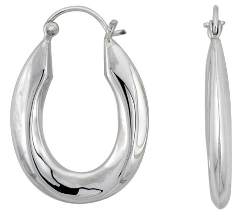 STERLING SILVER OVAL HOOP EARRINGS FOR WOMEN THICK ROUND TUBE CLICK TOP HIGH POLISHED 1 1/4 INCH