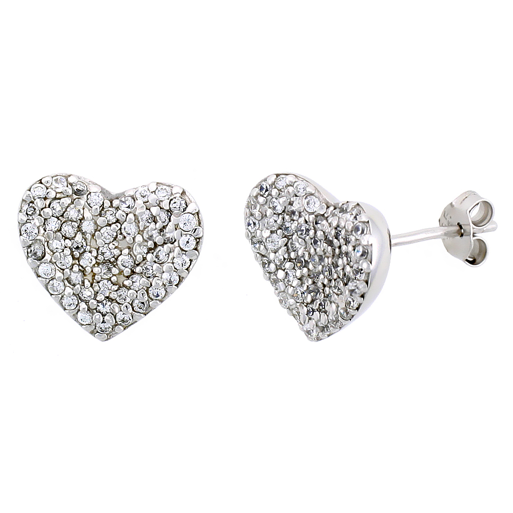 STERLING SILVER HEART STUD EARRINGS W/ BRILLIANT CUT CZ STONES, 1/2" (13 MM) TALL