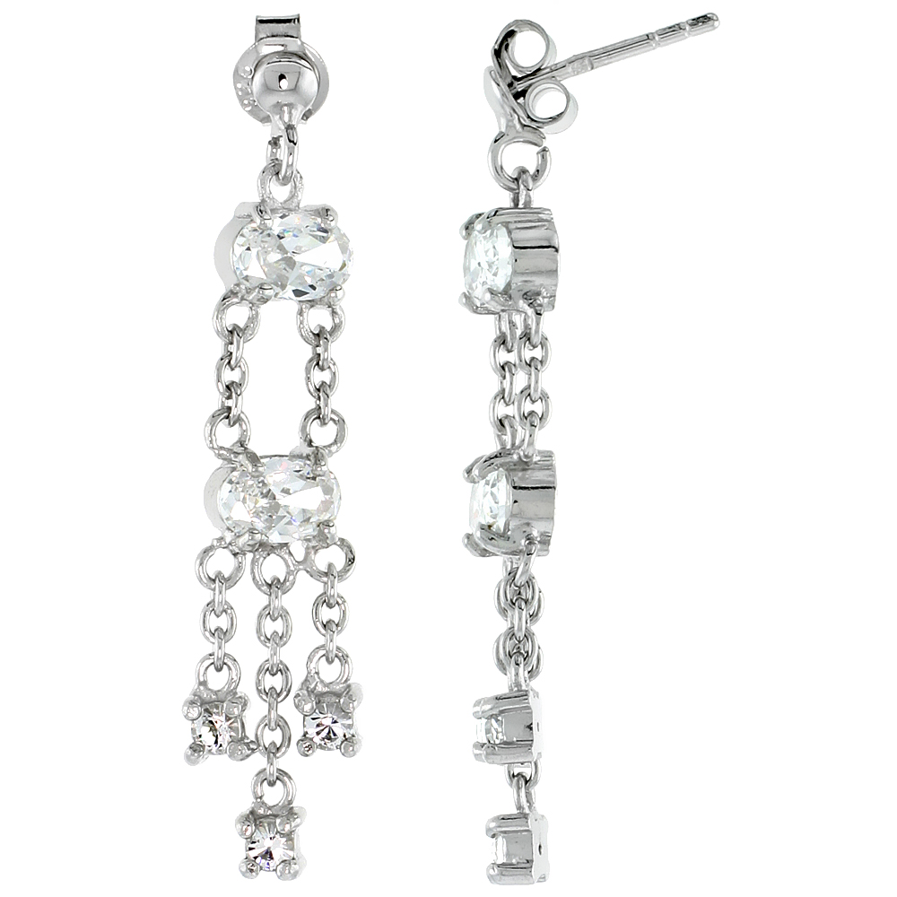 STERLING SILVER JEWELED POST EARRINGS, W/ OVAL & ROUND CUBIC ZIRCONIA, 1 5/16 (33 MM)
